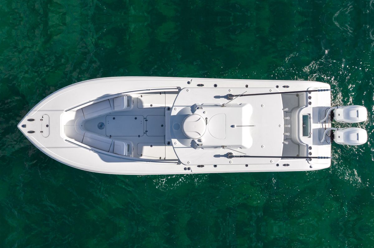 Aerial view of the Yellowfin 32 Offshore showing the open deck and twin outboards