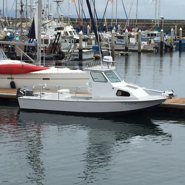 White Anderson 26 pilothouse moored at a marina dock with outboard power