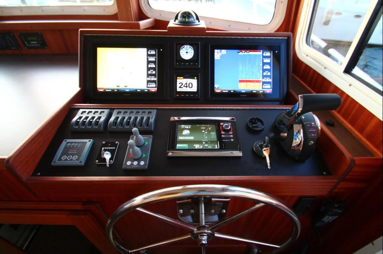 American Tug 365 helm station with navigation electronics