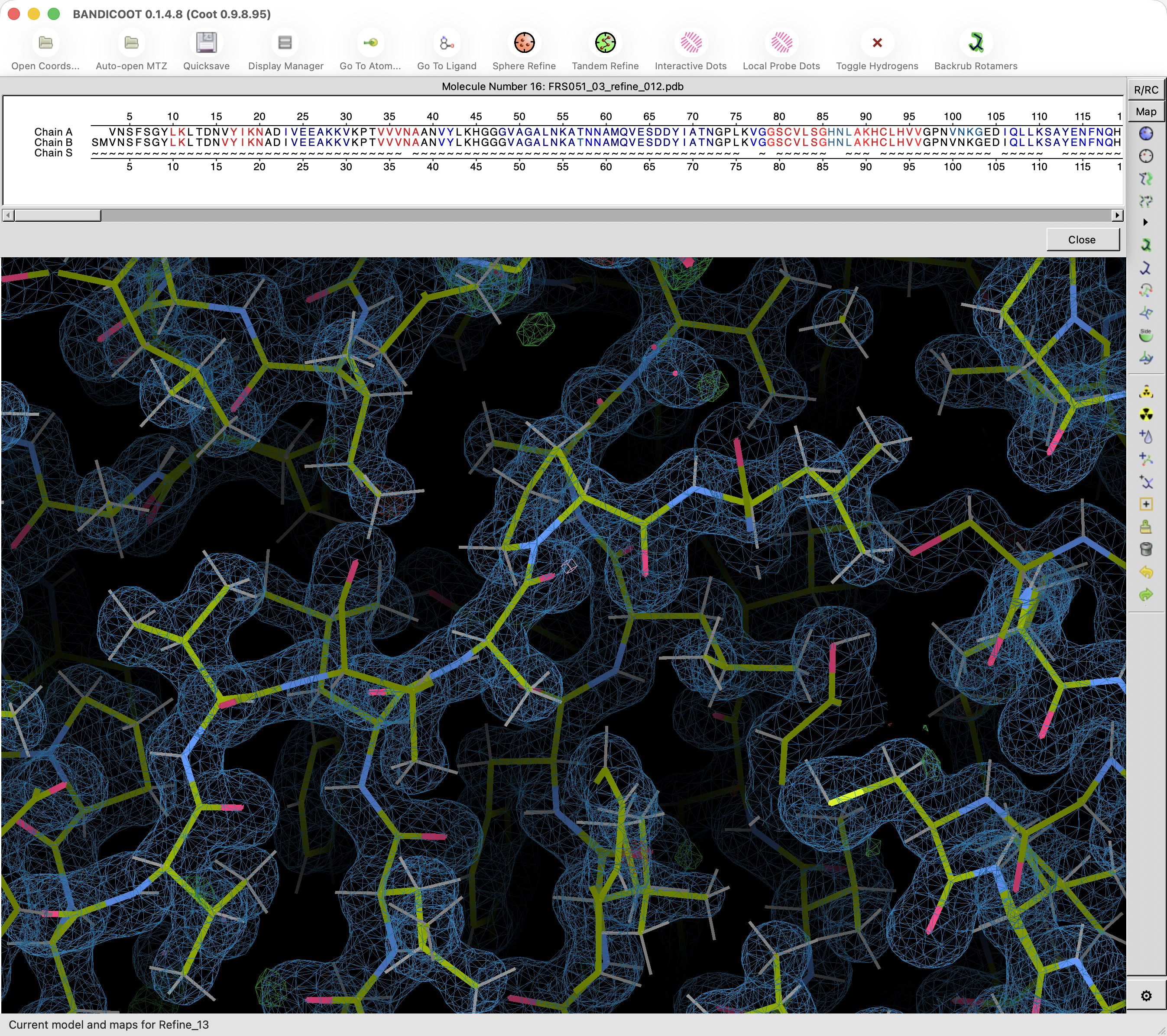 Bandicoot interface displaying a molecular model within an electron density map