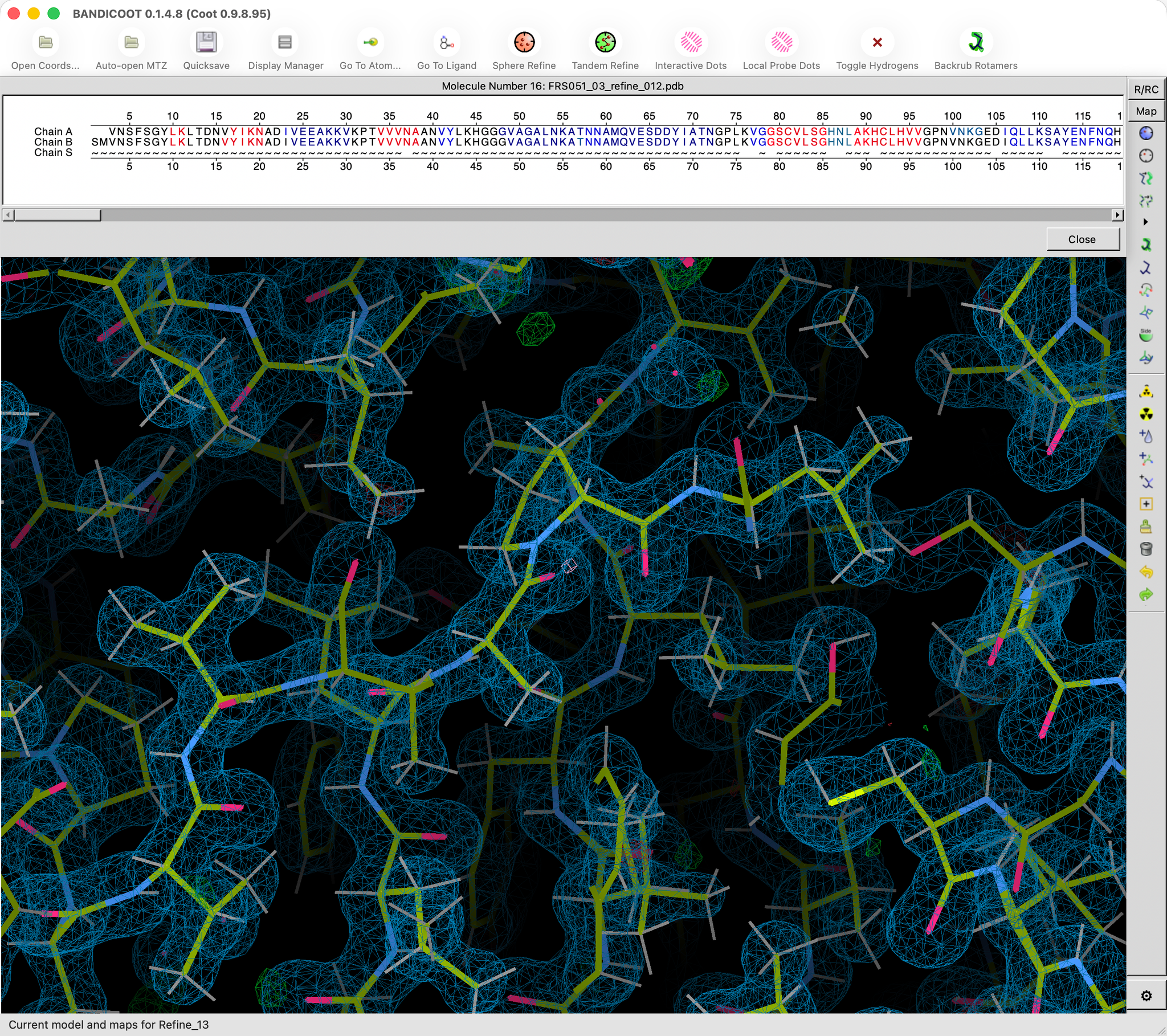 Bandicoot interface displaying a molecular model within an electron density map