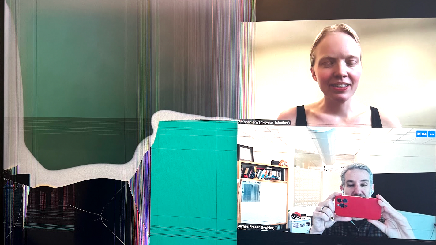 Damaged video call interface shows two participants and severe screen distortion