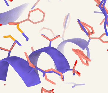 Molecular structures surround purple protein ribbons in an animated model