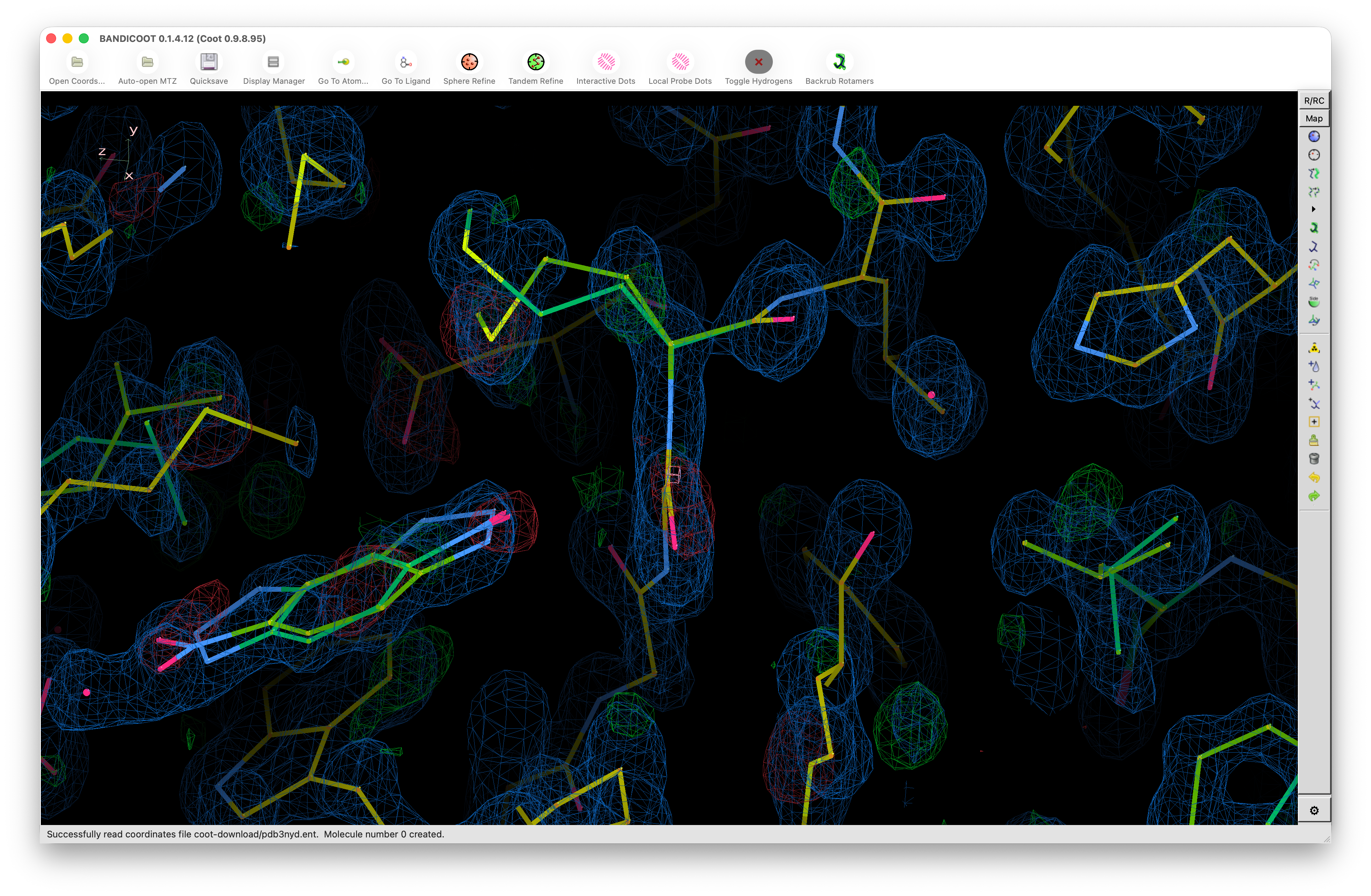 Bandicoot interface displays molecular models within electron density maps