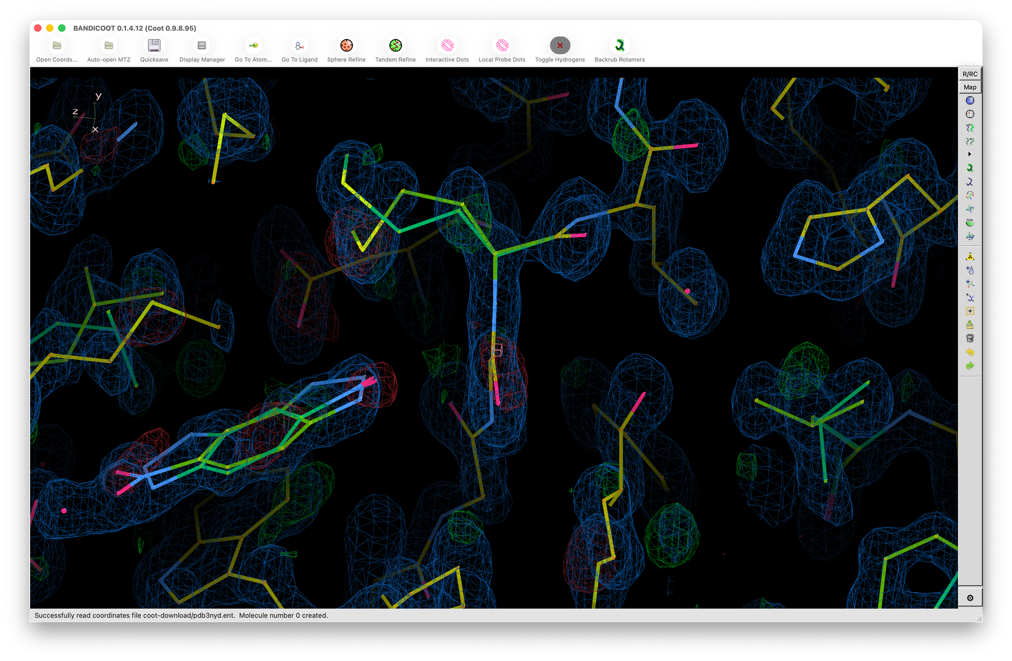 Bandicoot interface displays molecular models within electron density maps