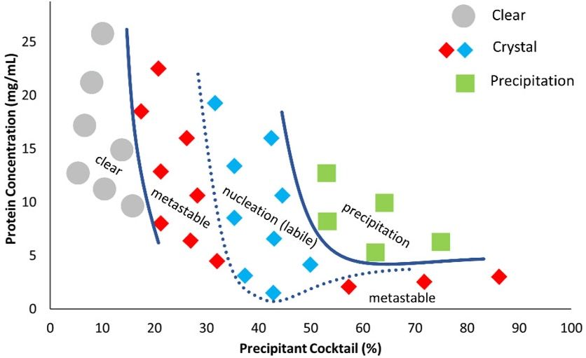 Phase diagram of protein concentration versus precipitant cocktail percentage