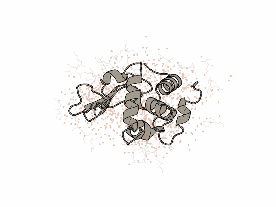 Protein ribbon structure surrounded by molecular fragments and particles