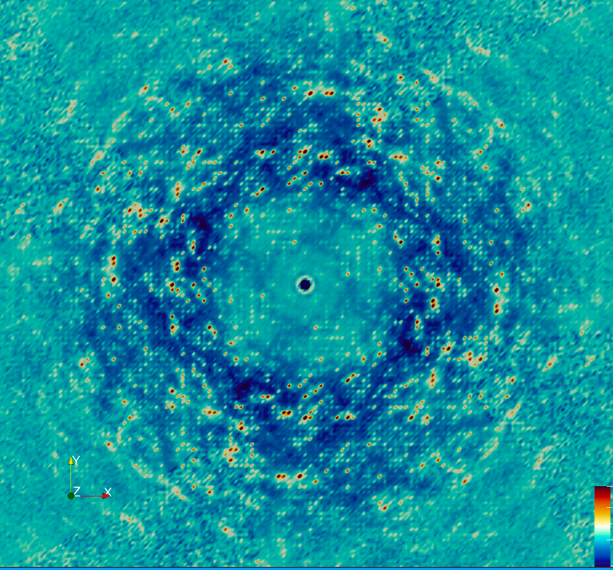 Heat map showing a circular structure with scattered high-intensity spots