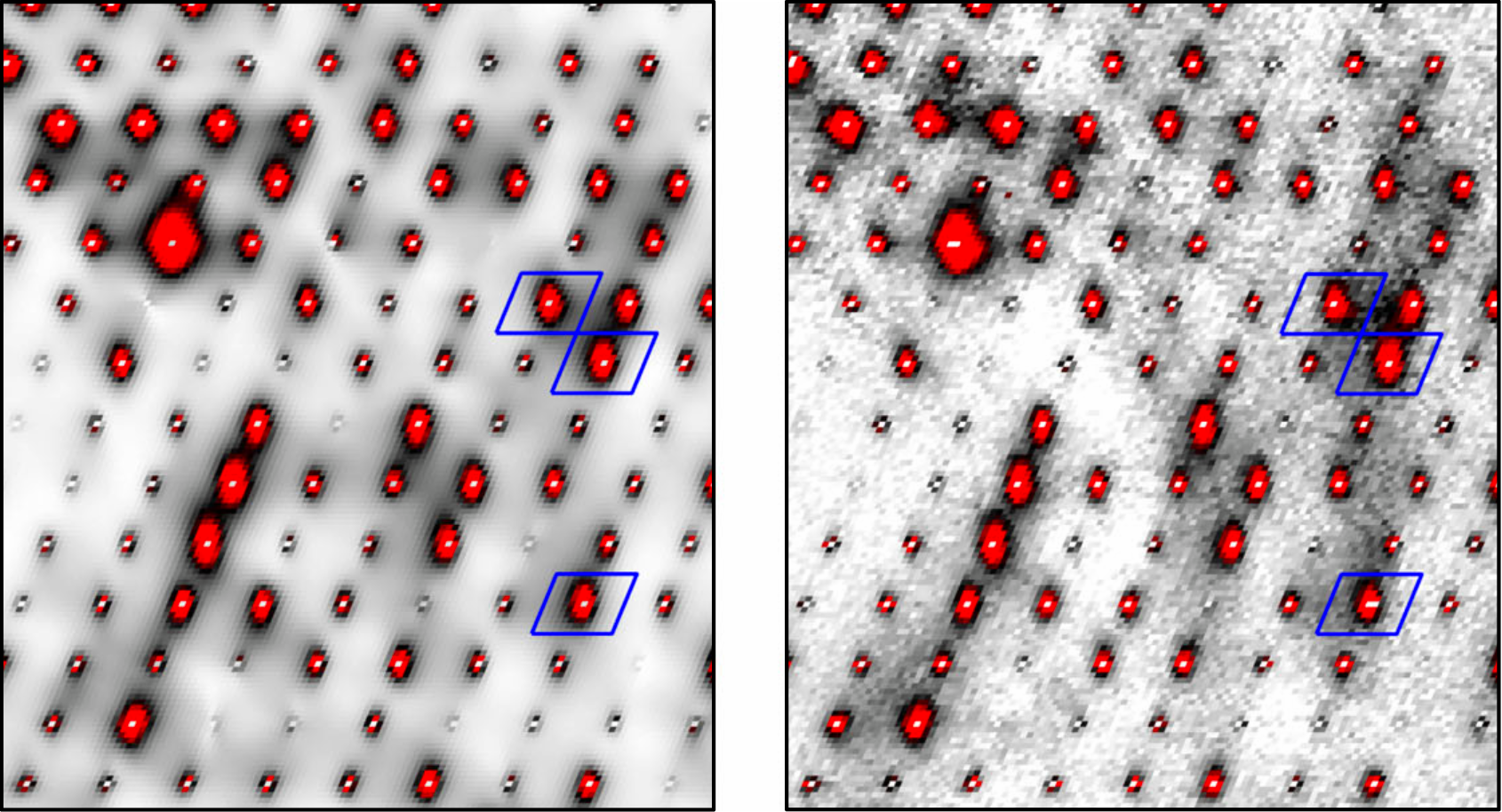 Side-by-side microscopy images highlight three corresponding spots with blue boxes