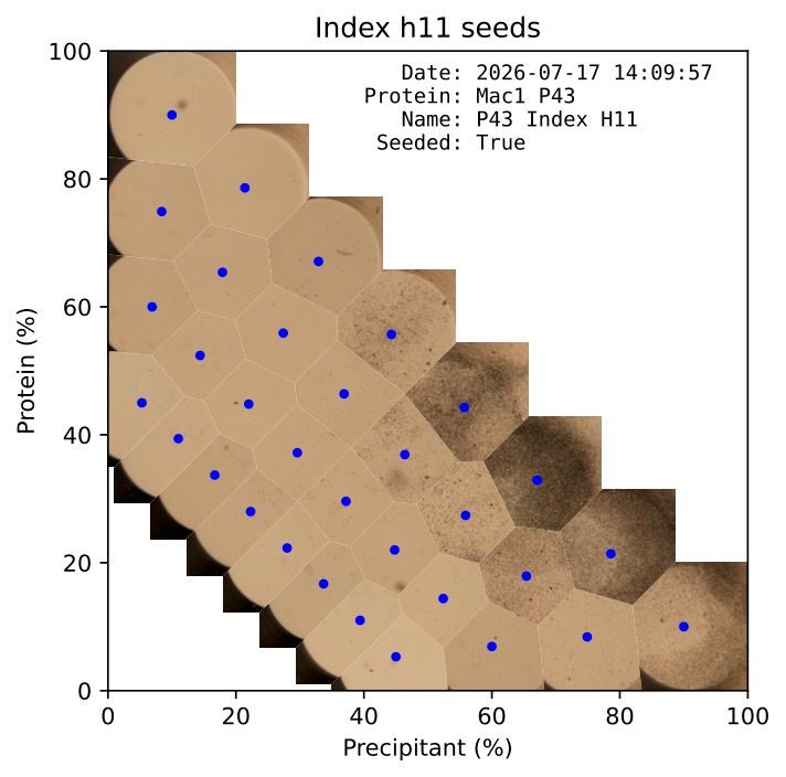 Seed index chart plotting protein percentage against precipitant percentage