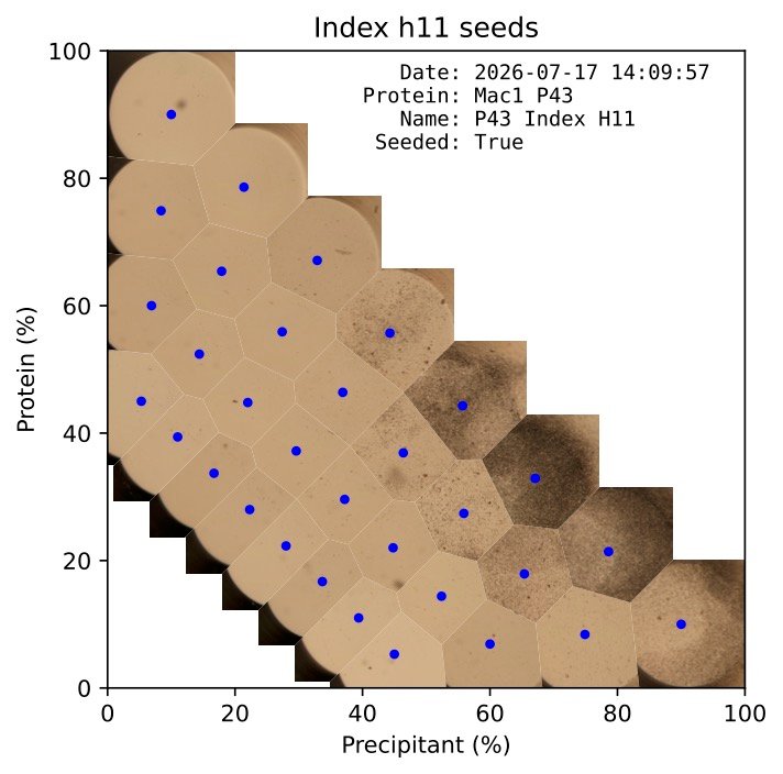 Seed index chart plotting protein percentage against precipitant percentage