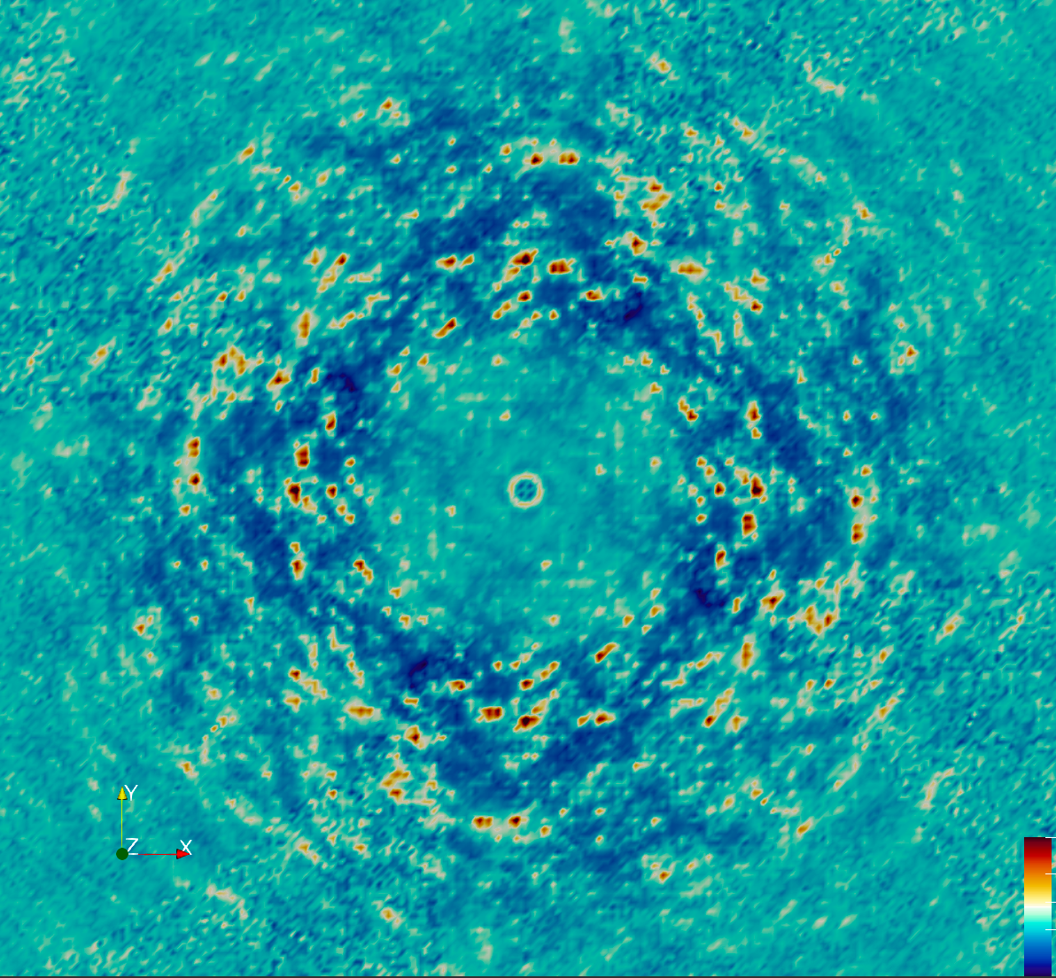 Processed scan shows a circular structure with scattered high-intensity regions