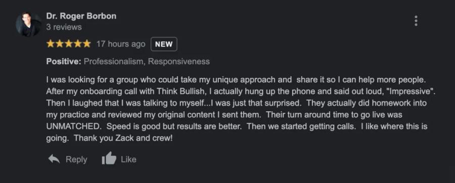 Dr. Roger Borbon 5 stars: "Their turn around time to go live was UNMATCHED... results are