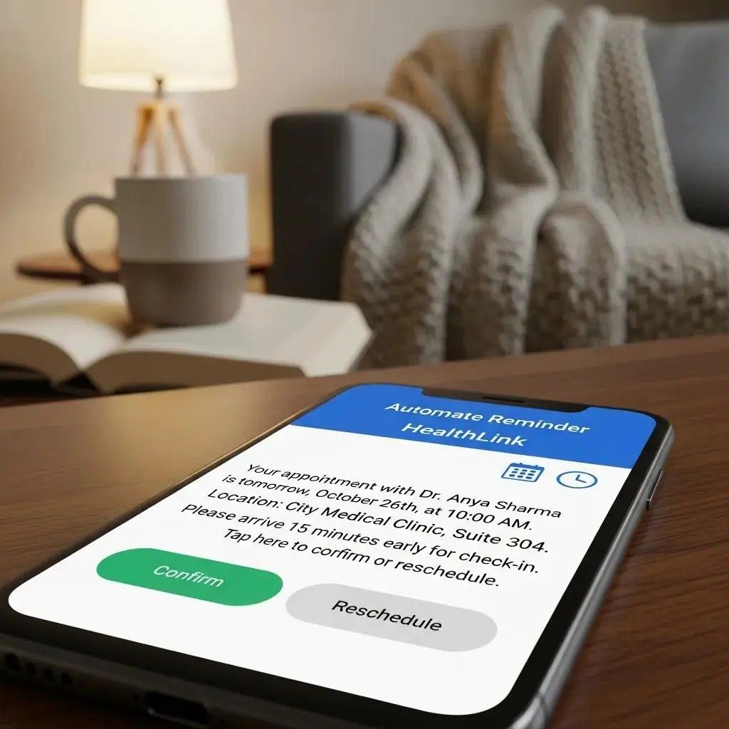 Smartphone displaying an automated appointment reminder notification in a cozy home setting, illustrating patient engagement