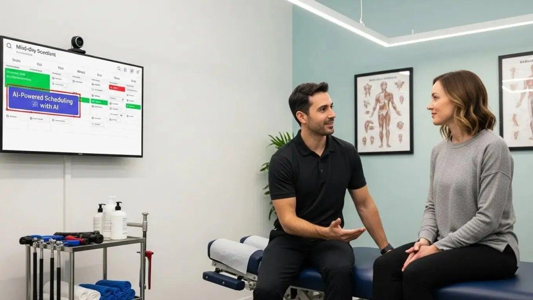 Chiropractor discussing AI scheduling benefits with a patient in a treatment room