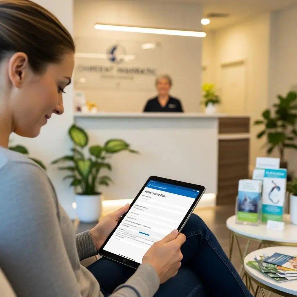 Patient completing digital intake forms in a chiropractic clinic