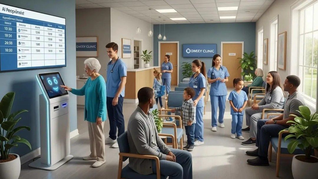AI receptionist managing patient flow in a busy clinic environment