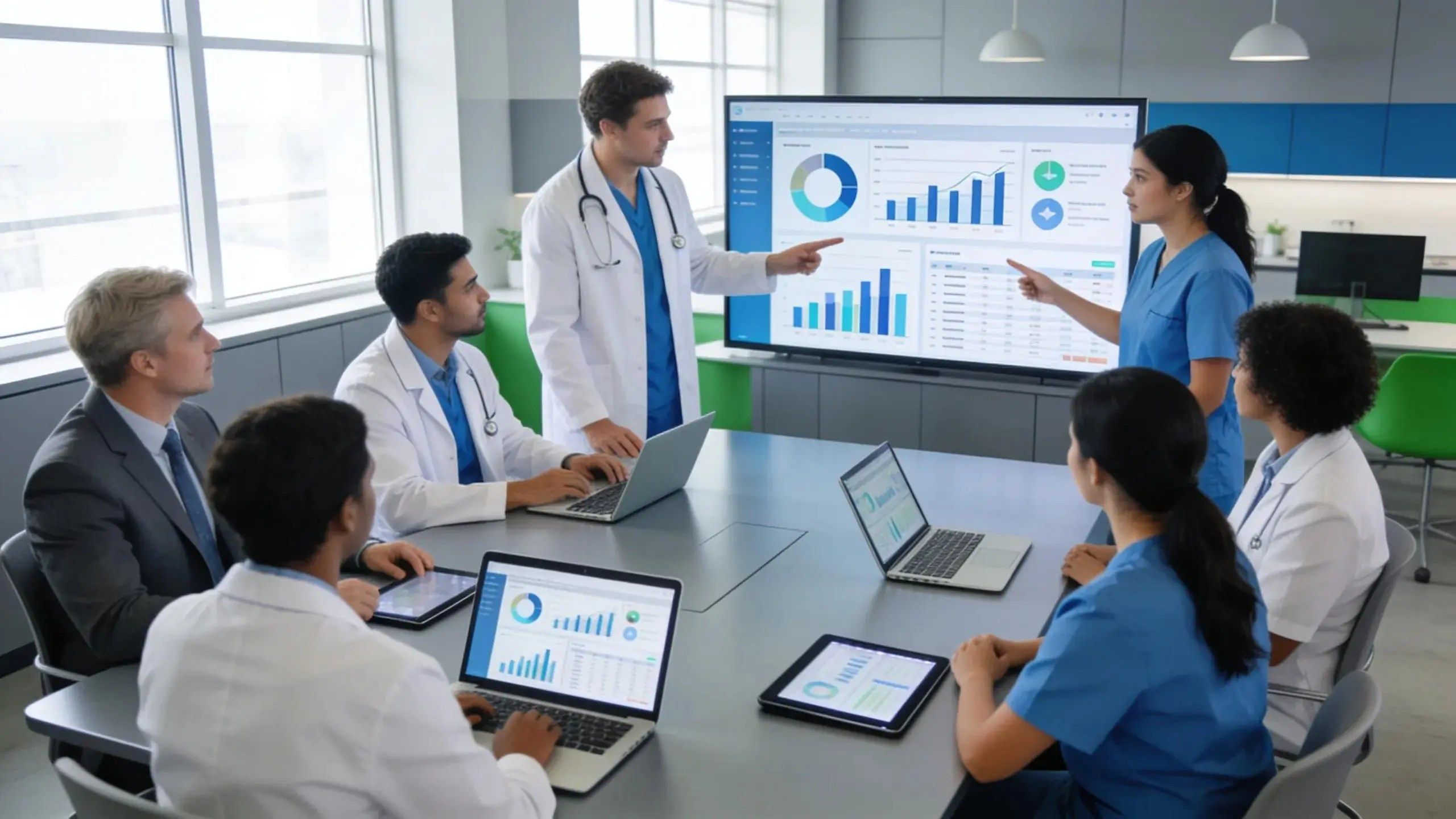 Healthcare professionals discussing lead conversion strategies in a modern office environment