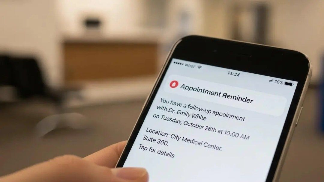 Smartphone notification for a follow-up appointment, emphasizing timely communication in healthcare