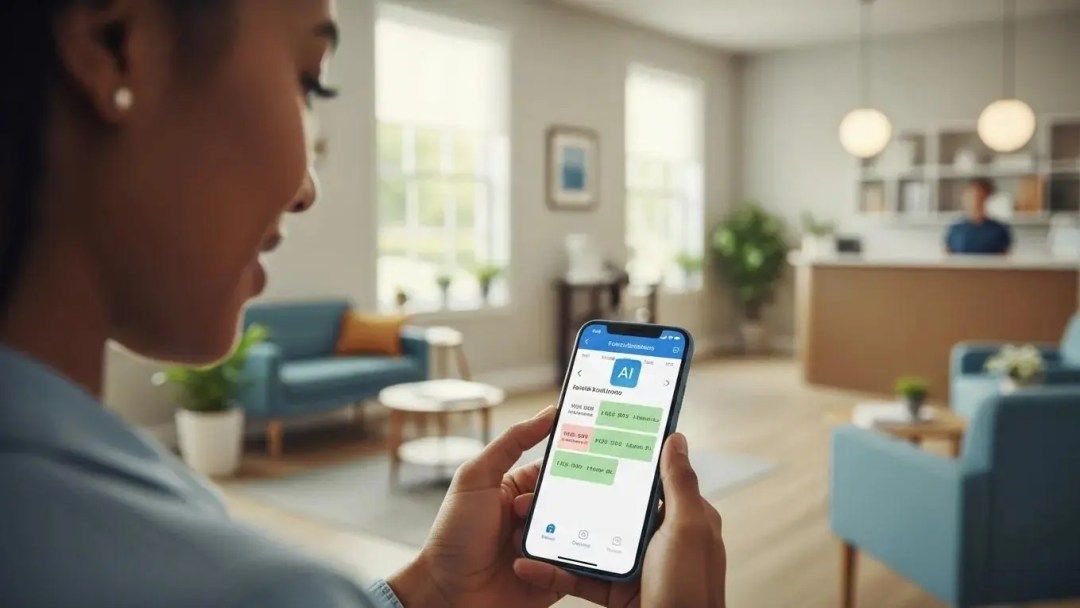 Patient using smartphone to schedule an appointment with AI system in a clinic