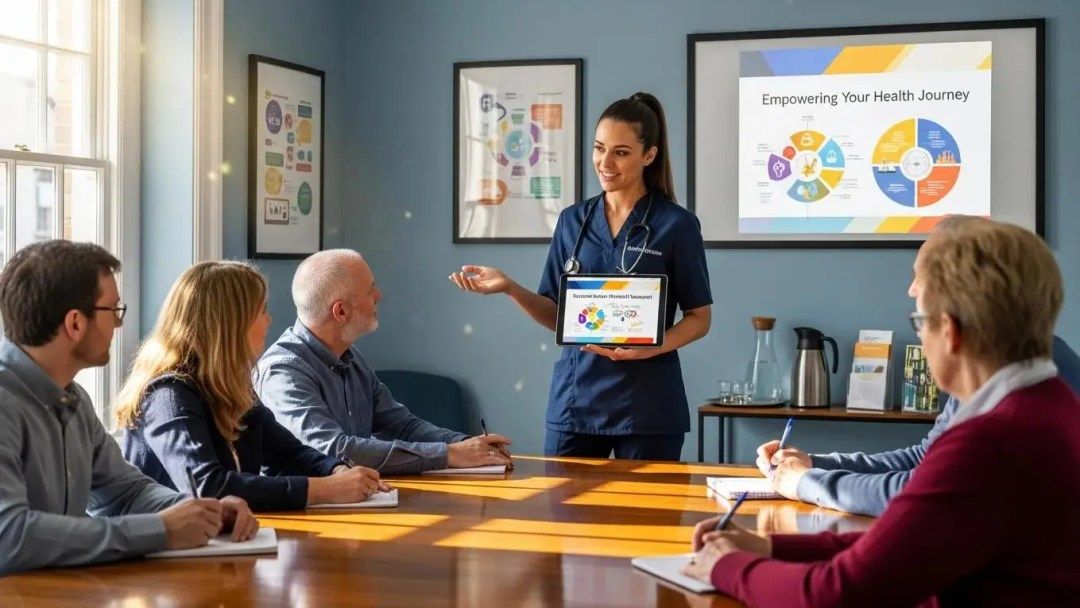 Healthcare professional presenting educational content to patients, highlighting the role of education in lead conversion