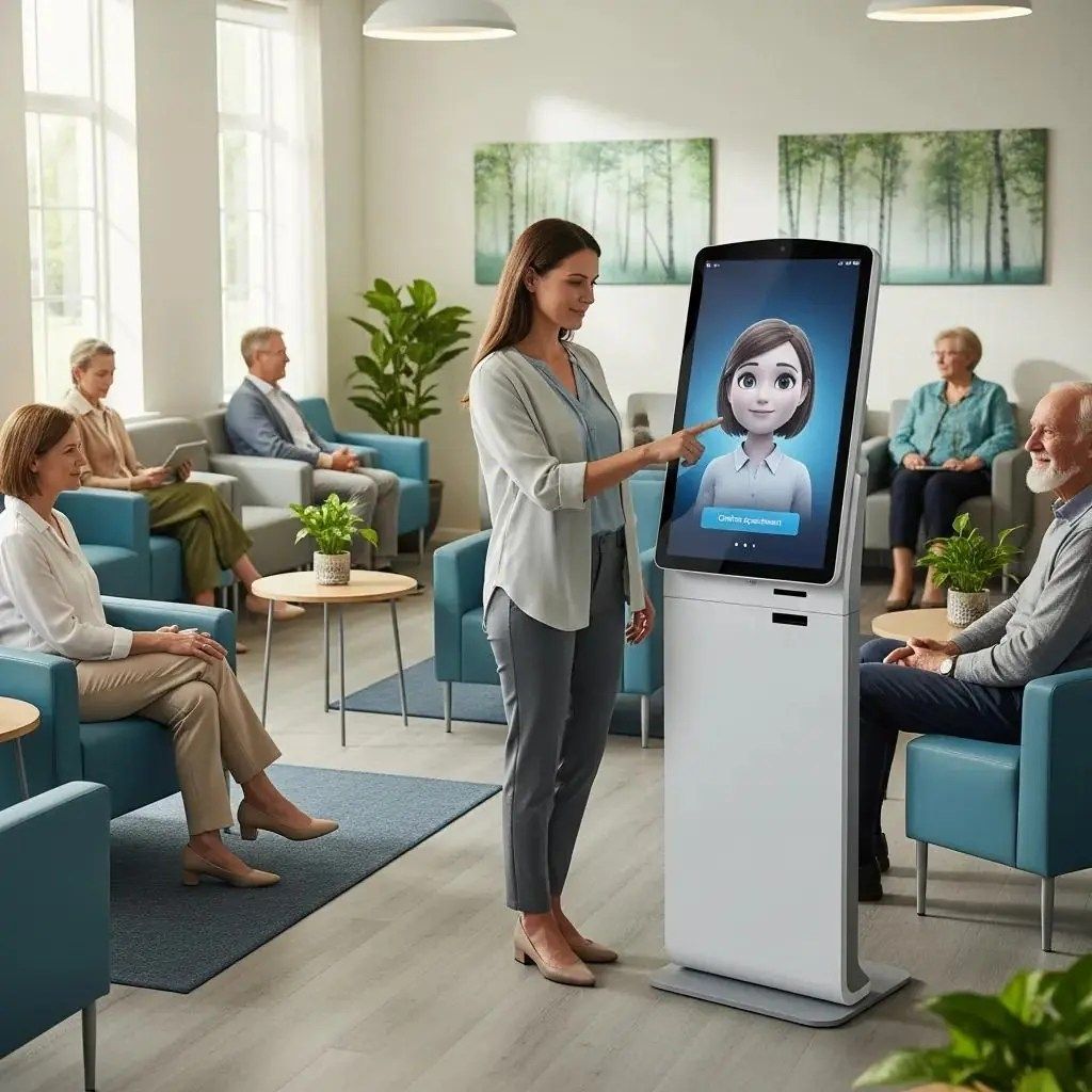 Patients interacting with AI receptionist for efficient appointment scheduling