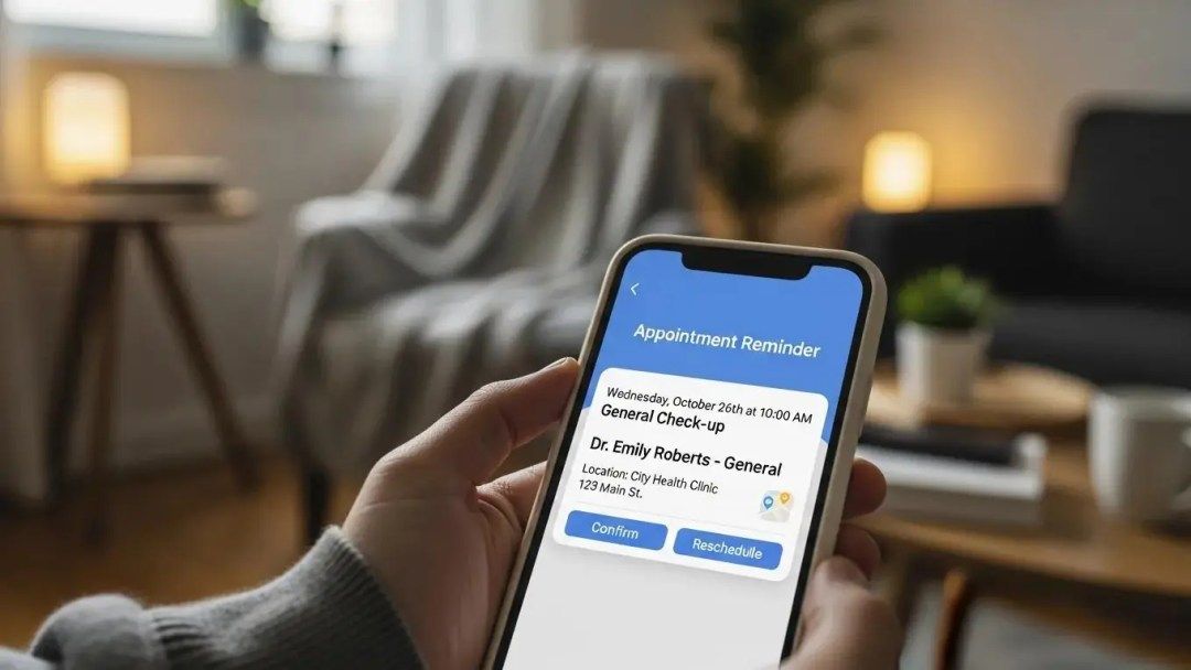 Smartphone displaying an appointment reminder in a cozy home setting