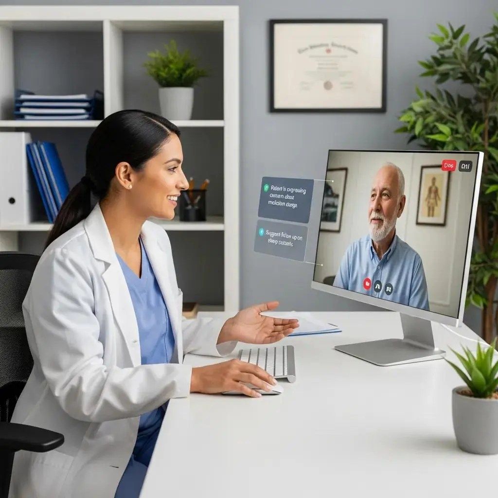 Healthcare professional communicating with a patient using AI technology