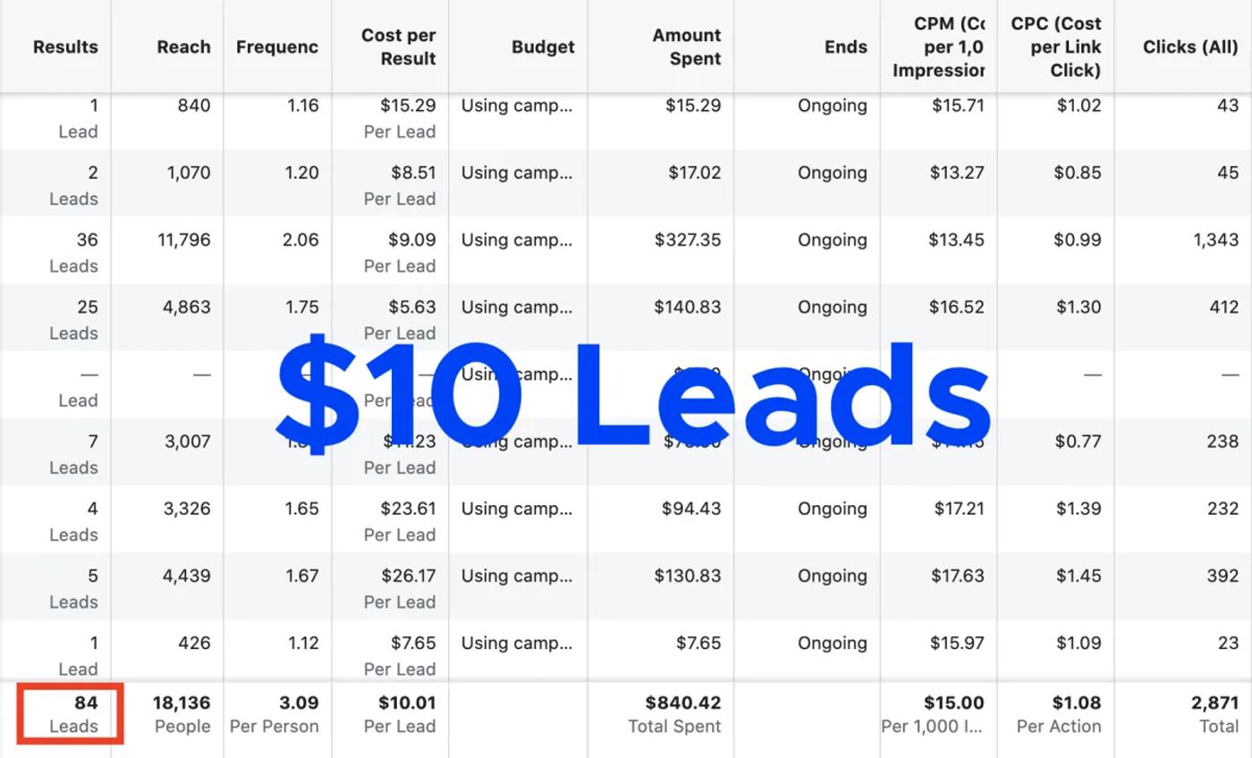 $10 Leads — 84 leads, $10.01 per lead, $840.42 total spent
