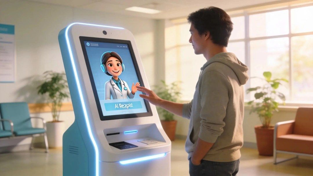 Patient interacting with AI receptionist at a clinic kiosk