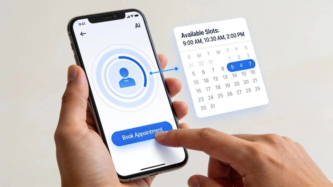 Patient using AI scheduling system on smartphone for clinic appointments