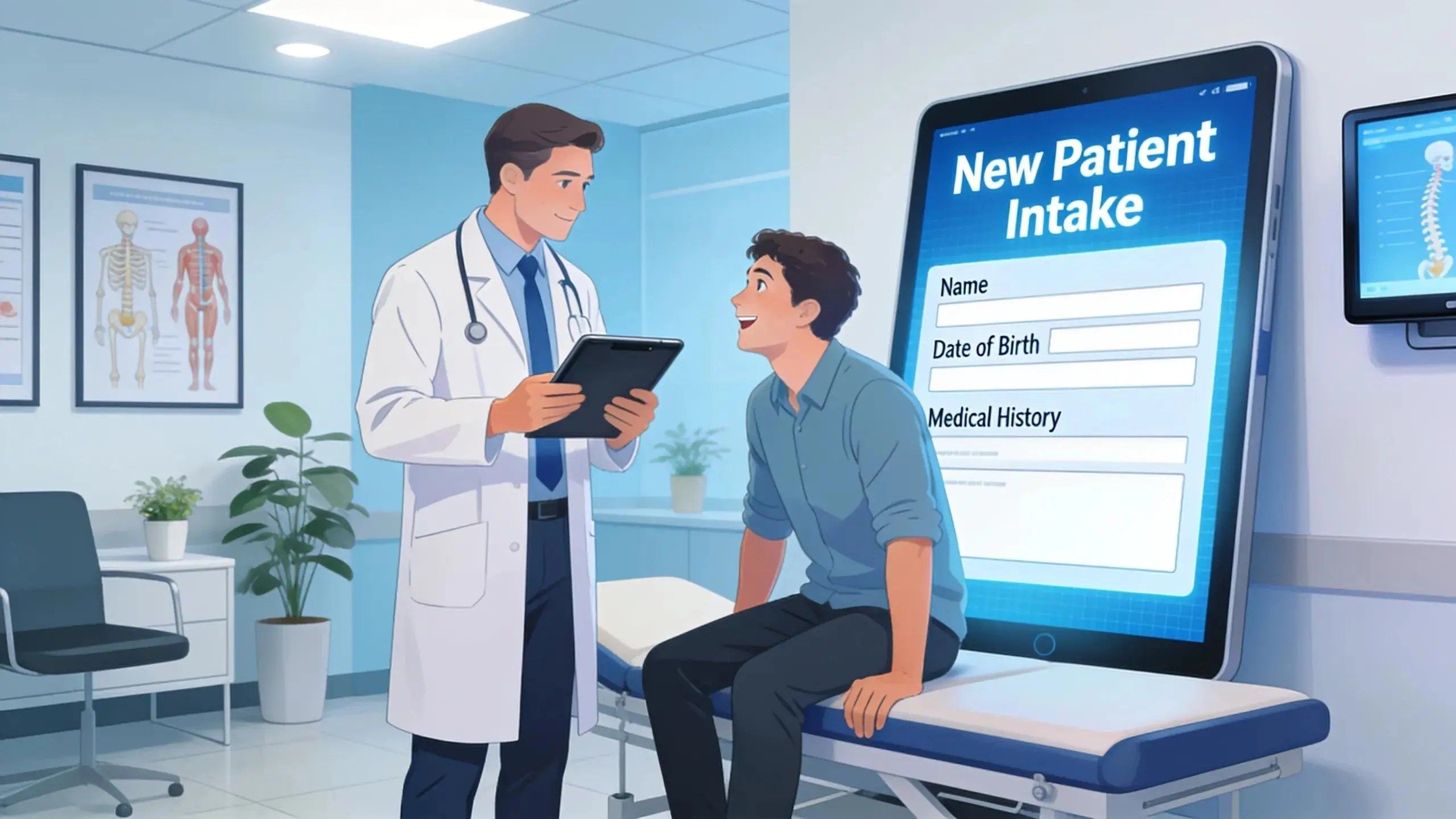 Chiropractor using a tablet for patient intake, showcasing modern technology in a clinic setting