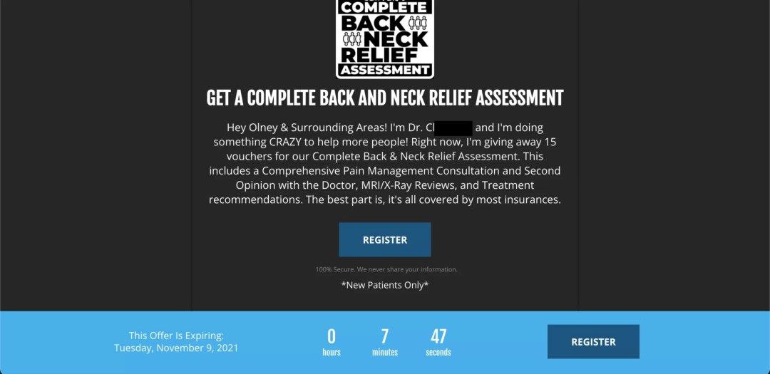This is an example of a chiropractic marketing landing page. This can also be used for other offers to get back and neck patients.