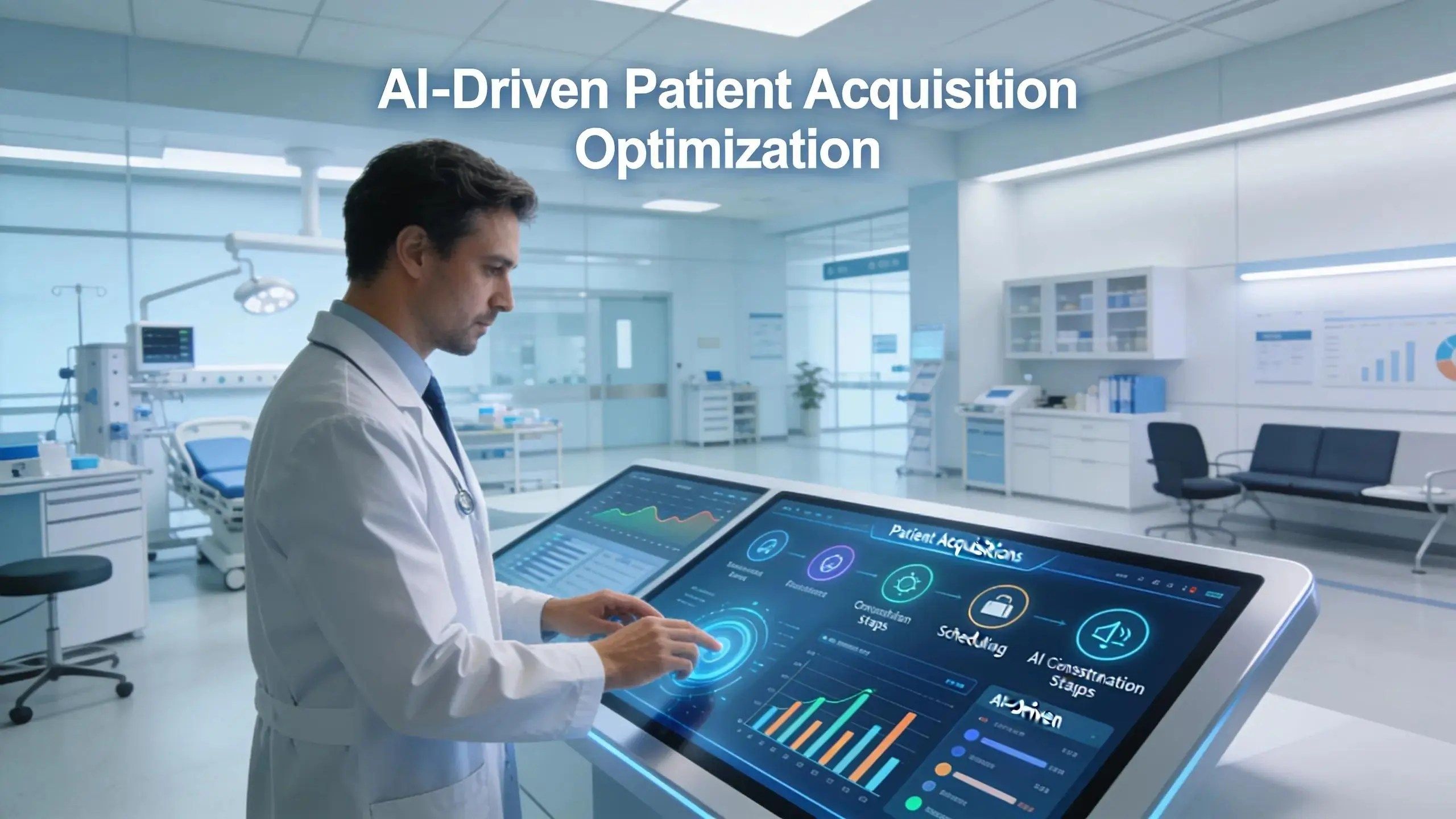 Physician using AI technology in a healthcare setting to optimize patient acquisition processes