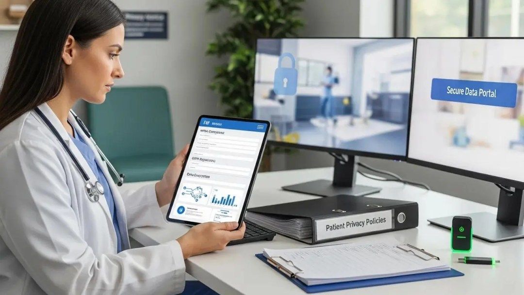 Healthcare professional ensuring compliance integration with AI receptionist for secure patient interactions