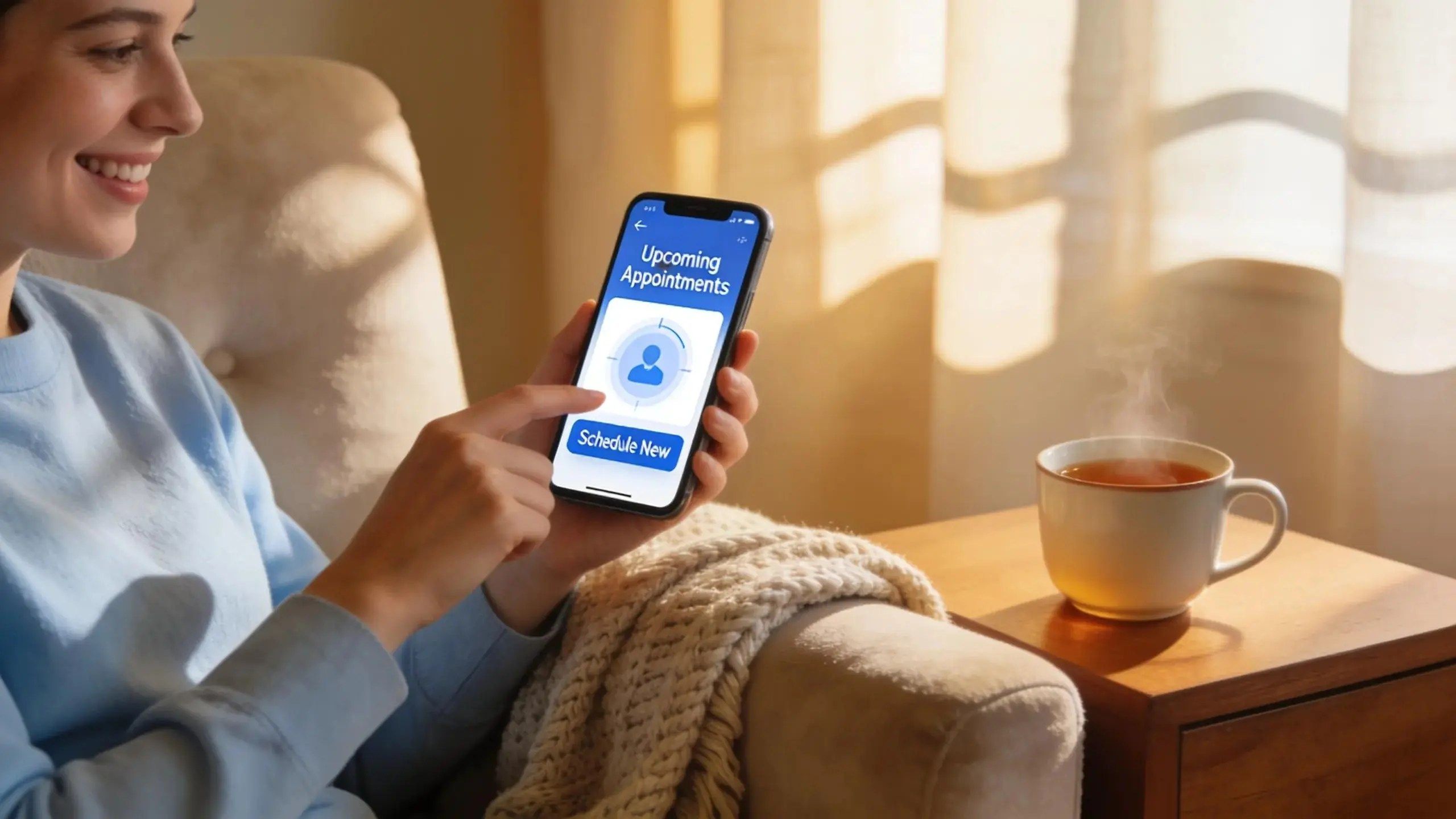 Patient using AI scheduling app on smartphone in a comfortable home setting