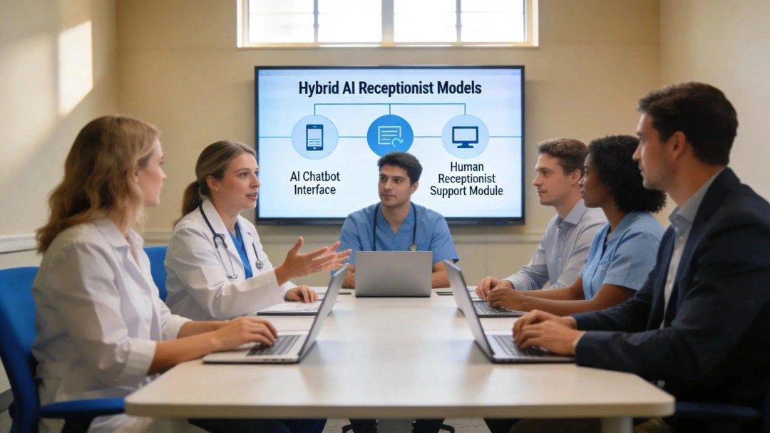 Medical team planning risk-mitigation strategies for AI receptionist technology