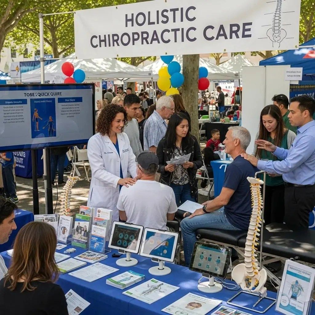 Community health fair with diverse individuals engaging at a chiropractic booth, highlighting lead conversion and patient acquisition