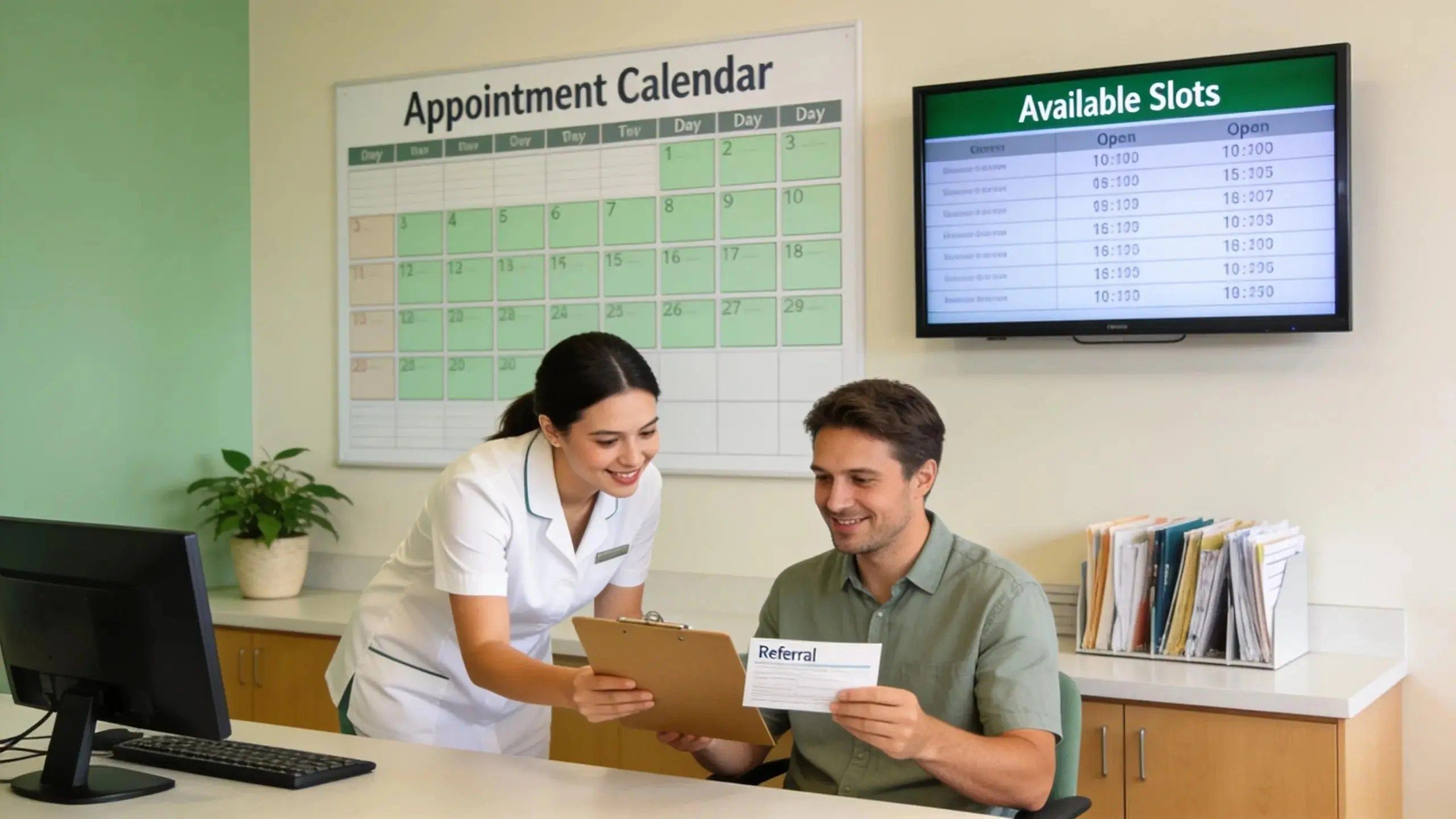 Chiropractic clinic scheduling area with staff managing patient appointments efficiently