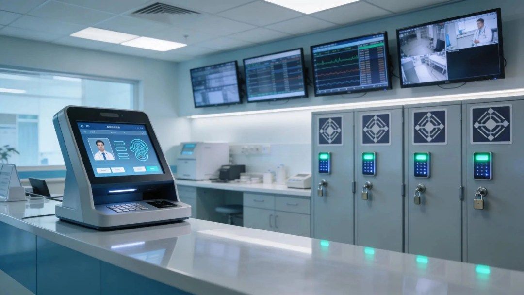 Secure healthcare IT environment showing encryption and compliance for patient intake systems
