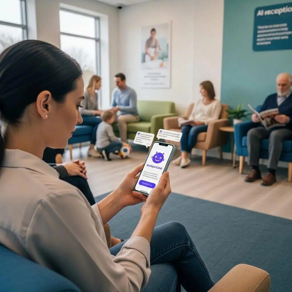 Patient interacting with AI receptionist on mobile device in a clinic, illustrating scalable patient flow