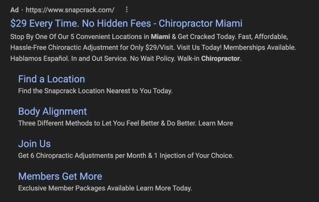 Chiropractic Google Ad Example - Pay Per Click PPC Offer Structures For Chiropractic Facebook Ads