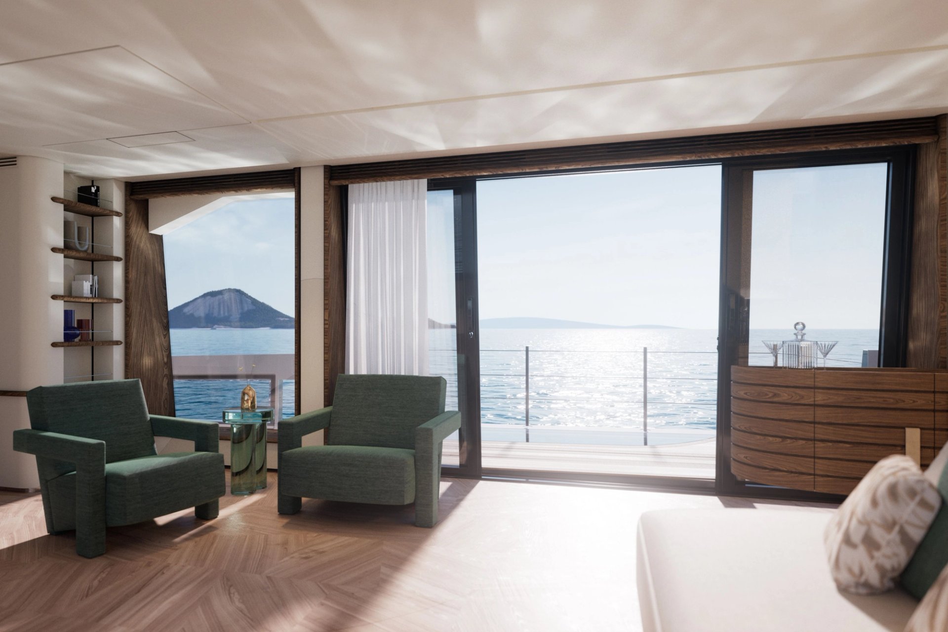 Salon główny Grande 25M z wyciętymi nadburciami przy strefie jadalnej