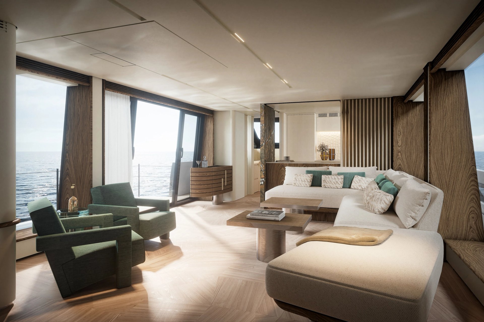 Salon główny Grande 25M z pełnowysokościowymi oknami