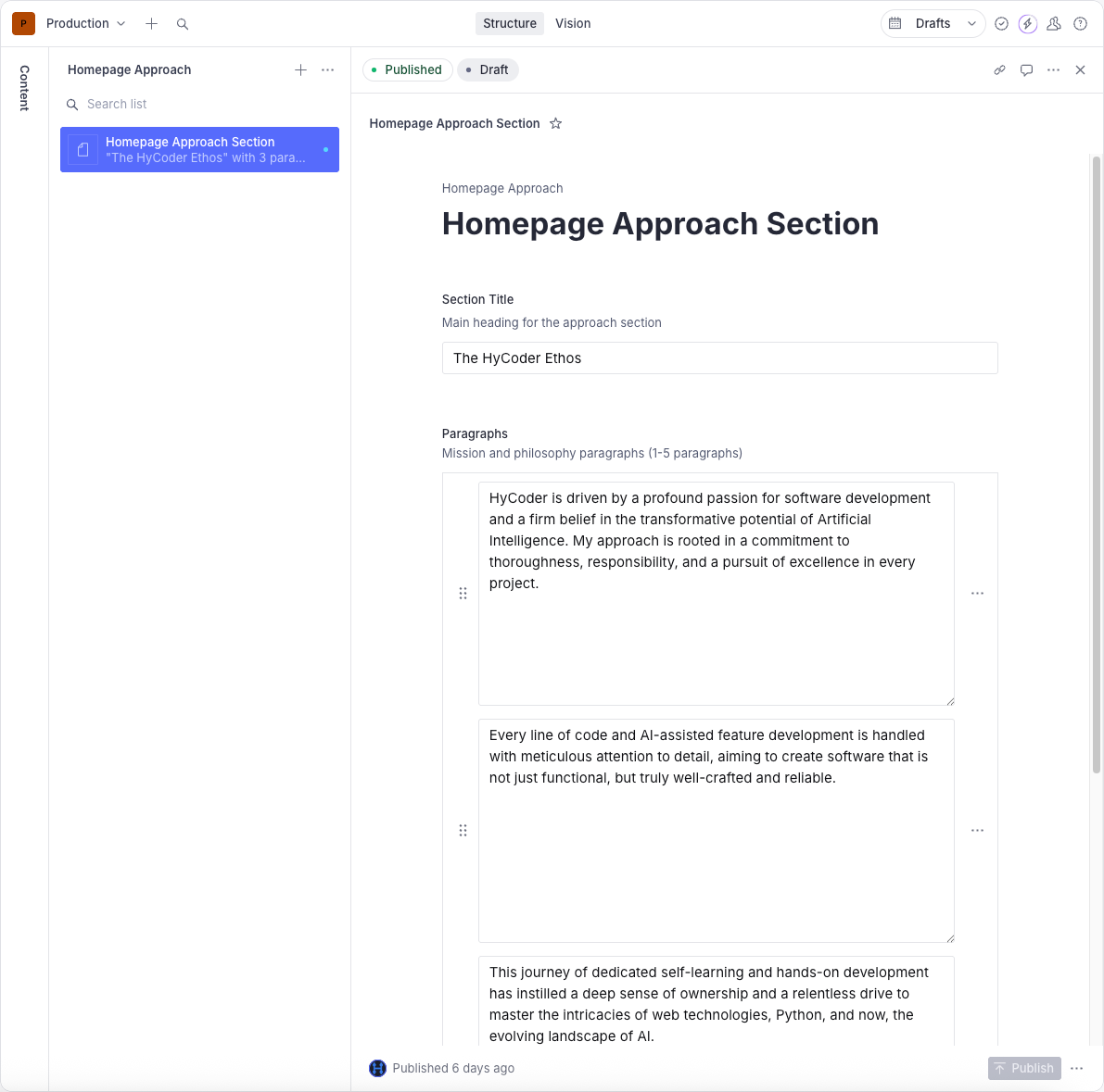 The Sanity Studio interface showing rich text fields for editing the 'Approach' section content.