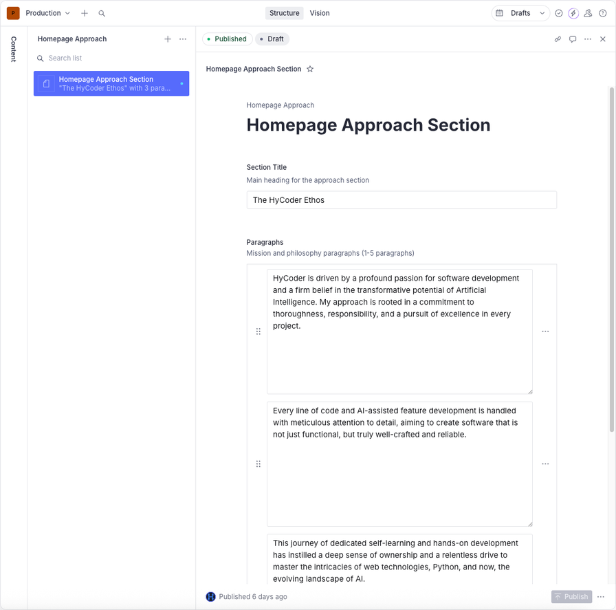 The Sanity Studio interface showing rich text fields for editing the 'Approach' section content.