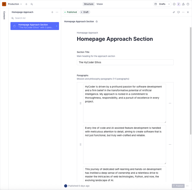 The Sanity Studio interface showing rich text fields for editing the 'Approach' section content.