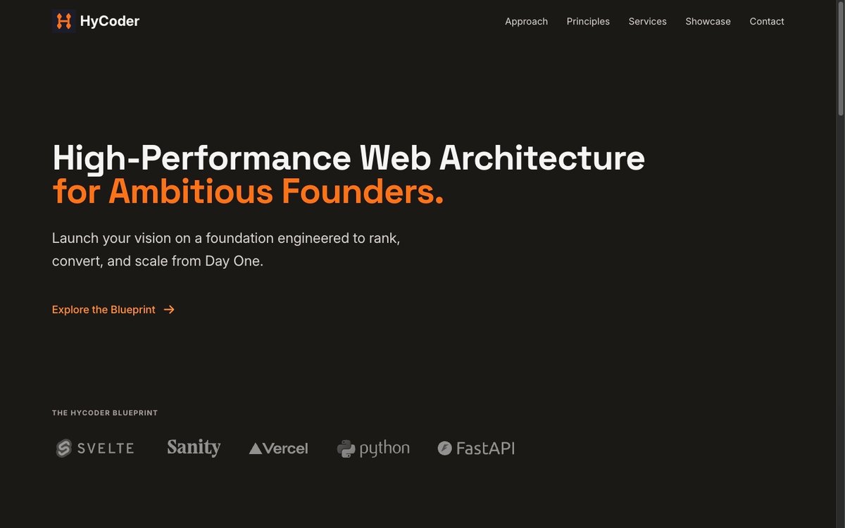 The hero section of the HyCoder.com homepage, with the headline 'Code, Intelligently Crafted'.