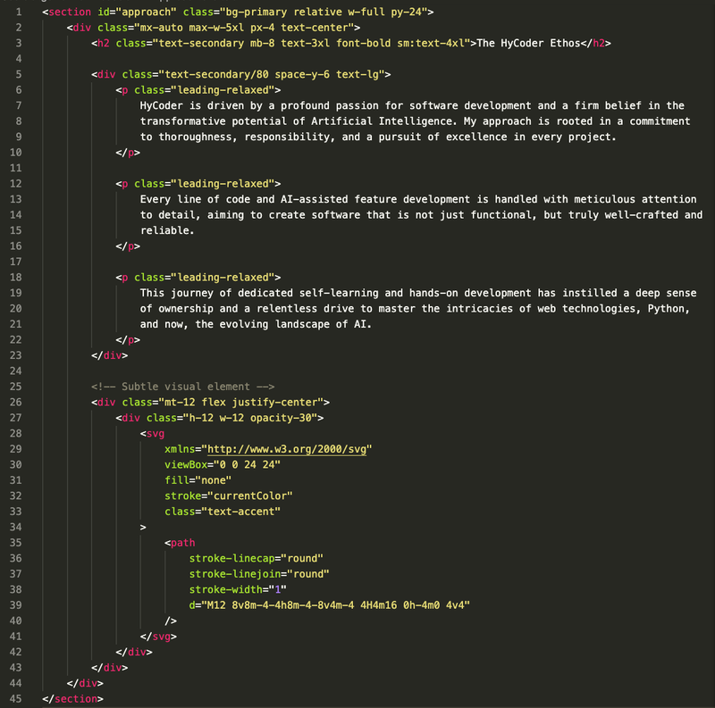 A code editor showing hardcoded text for the 'Approach' section in a Svelte component file.