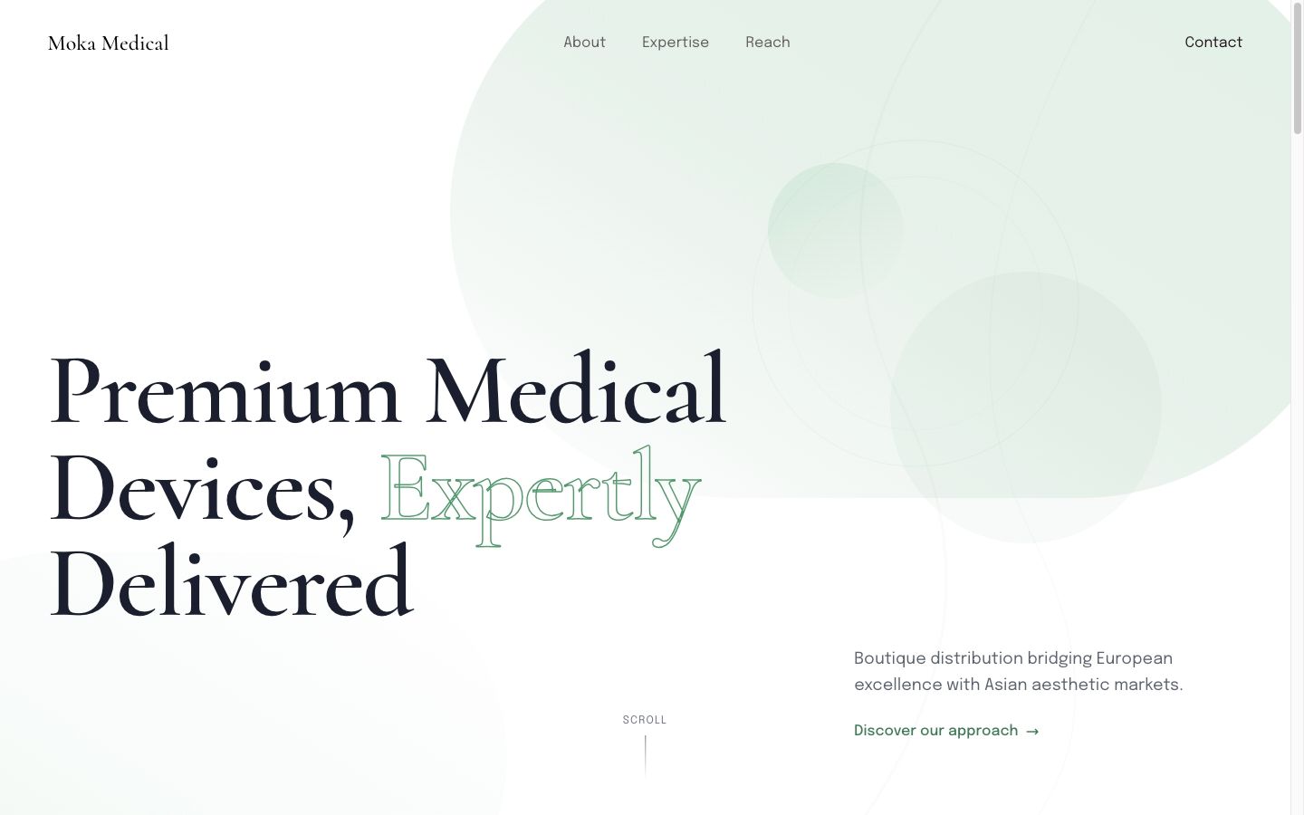 Moka Medical homepage hero section with large serif typography.